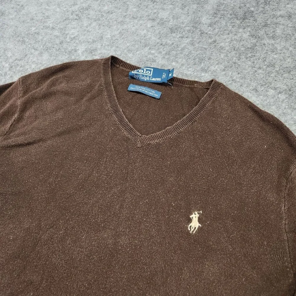 Polo Ralph‎ Lauren PRL Mens M Medium 100% Pima Cotton Knit V Neck Sweater Brown
